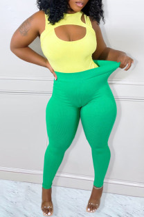 Green Yellow Sexy Solid Split Joint O Neck Two Pieces