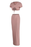 Pink Sexy Solid Hollowed Out Patchwork O Neck Short Sleeve Two Pieces