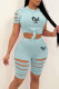 Blue Sexy Print Solid Hollowed Out Patchwork O Neck Short Sleeve Two Pieces
