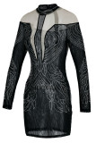 Gold Sexy Solid Patchwork See-through Hot Drill O Neck Pencil Skirt Dresses