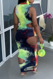 Multicolor Sexy Print Hollowed Out Patchwork Asymmetrical O Neck One Step Skirt Dresses