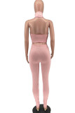 Pink Sexy Solid Patchwork Backless Asymmetrical Turtleneck Sleeveless Two Pieces