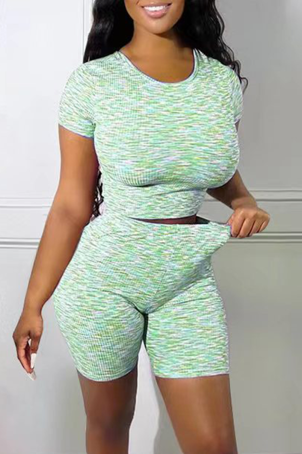 Grass Green Fashion Patchwork Backless O Neck Short Sleeve Two Pieces