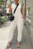 White Casual Solid Patchwork Pocket V Neck Loose Jumpsuits