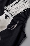 Black Casual Print Tassel Patchwork V Neck Sleeveless Two Pieces