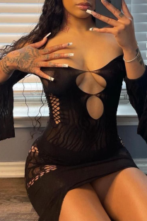 Black Sexy Solid Lace Mesh Off the Shoulder Pencil Skirt Dresses