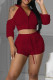 Burgundy Fashion Casual Solid Hollowed Out Hooded Collar Long Sleeve Two Pieces
