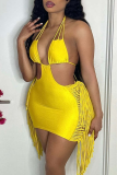 Yellow Sexy Solid Tassel Hollowed Out Halter Pencil Skirt Dresses