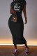 Black Fashion Casual Print Letter O Neck One Step Skirt Dresses