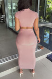 Pink Sexy Solid Hollowed Out Patchwork O Neck Short Sleeve Two Pieces