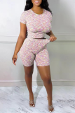 Pink Fashion Patchwork Backless O Neck Short Sleeve Two Pieces