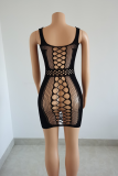Black Sexy Solid Hollowed Out Mesh Spaghetti Strap Pencil Skirt Dresses