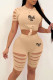 Khaki Sexy Print Solid Hollowed Out Patchwork O Neck Short Sleeve Two Pieces