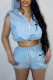 Sky Blue Fashion Sportswear Print Patchwork Hooded Collar Sleeveless Two Pieces