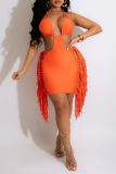 Yellow Sexy Solid Tassel Hollowed Out Halter Pencil Skirt Dresses