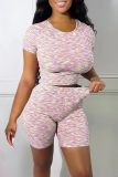 Pink Fashion Patchwork Backless O Neck Short Sleeve Two Pieces