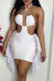 Yellow Sexy Solid Tassel Hollowed Out Halter Pencil Skirt Dresses