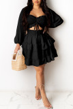 Black Sweet Solid Bandage Patchwork Flounce Asymmetrical Square Collar A Line Dresses