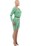 Green Casual Striped Print Patchwork Asymmetrical Collar Plus Size Two Pieces