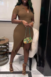 Brown Fashion Solid Patchwork Turndown Collar Shirt Dress Dresses