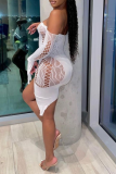 White Sexy Solid Lace Mesh Off the Shoulder Pencil Skirt Dresses