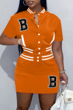 Orange Fashion Casual Letter Embroidery Patchwork O Neck Short Sleeve Two Pieces