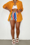 Yellow Casual Striped Print Patchwork Buckle Turndown Collar Long Sleeve Two Pieces