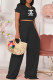 Black Fashion Casual Print Letter O Neck Short Sleeve Two Pieces
