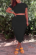 Black Fashion Solid Tassel O Neck Short Sleeve Two Pieces