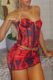 Red Sexy Print Patchwork Strapless Pencil Skirt Dresses