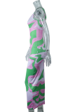 Green Sexy Print Patchwork O Neck Pencil Skirt Dresses