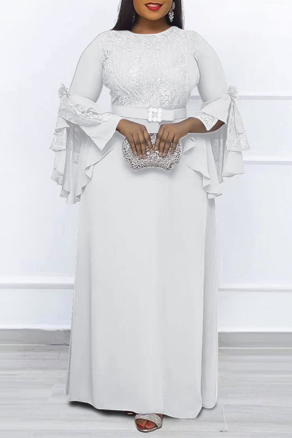 White Elegant Solid Patchwork O Neck Long Dress Plus Size Dresses