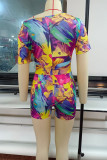 Colour Casual Print Patchwork Oblique Collar Regular Rompers