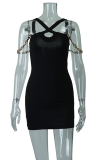 Black Sexy Patchwork Chains Halter Pencil Skirt Dresses