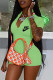 Green Fashion Sexy Print Letter Zipper Collar Rompers