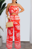 Red Fashion Print Patchwork Strapless Sleeveless Two Pieces