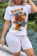 White Fashion Casual Print Basic O Neck Short Sleeve Two Pieces