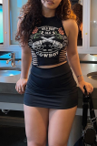 Black Sexy Print Hollowed Out O Neck Tops