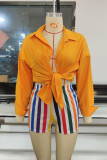Yellow Casual Striped Print Patchwork Buckle Turndown Collar Long Sleeve Two Pieces