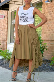 Khaki Fashion Casual Solid Asymmetrical Regular High Waist Skirt