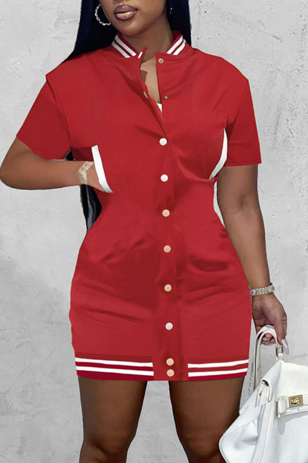 Red Casual Solid Patchwork Pocket Buckle Dresses