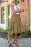Khaki Fashion Casual Solid Asymmetrical Regular High Waist Skirt