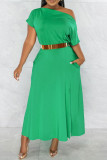 Green Fashion Casual Solid Patchwork Oblique Collar Short Sleeve Dress (Without Belt)