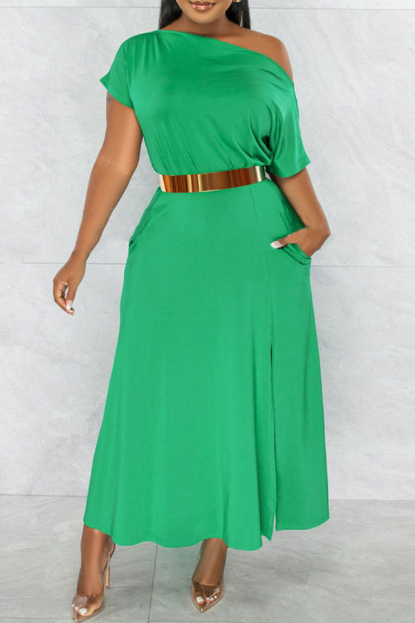 Green Fashion Casual Solid Patchwork Oblique Collar Short Sleeve Dress (Without Belt)