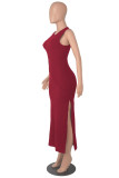 Burgundy Fashion Casual Solid Slit O Neck Sleeveless Dress