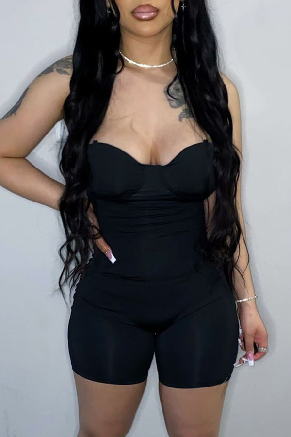 Black Sexy Casual Solid Backless Strapless Skinny Romper