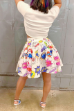 White Fashion Print Patchwork O Neck Short Sleeve Two Pieces