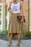 Khaki Fashion Casual Solid Asymmetrical Regular High Waist Skirt