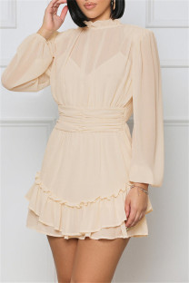 Apricot Sexy Casual Solid Split Joint See-through Half A Turtleneck Long Sleeve Dresses