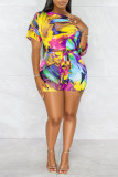 Colour Casual Print Patchwork Oblique Collar Regular Rompers